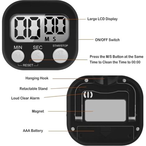 Minuteur de cuisine magnétique à quatre cellules et grand volume, avec grand écran LCD, idéal pour les enfants, l'apprentissage, l'exercice et la cuisine.