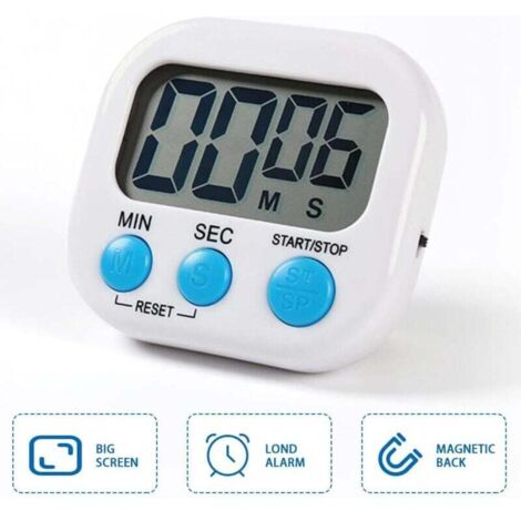 Minuteur de cuisine magnétique avec un grand écran LCD, adapté pour chronométrer la cuisson, les études, etc., doté d'une alarme sonore et d'une fonction de compte à rebours (A).