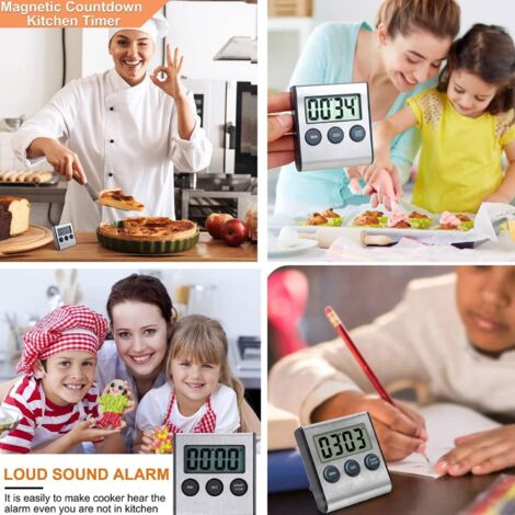 Minuteur de cuisine numérique – Horloge magnétique à compte à rebours avec alarme sonore, en acier inoxydable, pour la cuisine, la pâtisserie et les jeux sportifs