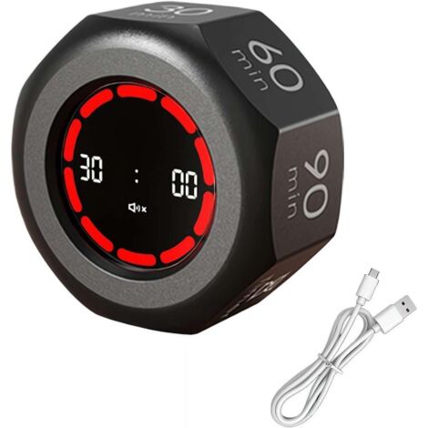 Minuteur de Productivité Numérique Octogonal Rotatif, Minuterie de Décompte 1-90 Min, Portable avec Alerte Sonore Réglable, Minuteur de Bureau Polyvalent pour Études, Tâches & Cuisine (Noir)