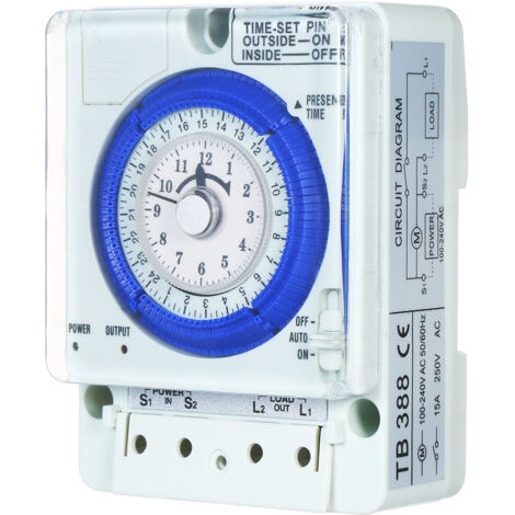 Minuteur mécanique 24 heures avec pile, intervalles de 15 minutes, boutons-poussoirs, fonctionnement sans coupure de courant, 100-240 V, 15 A, montage sur rail DIN, idéal pour éclairage LED/CFL.