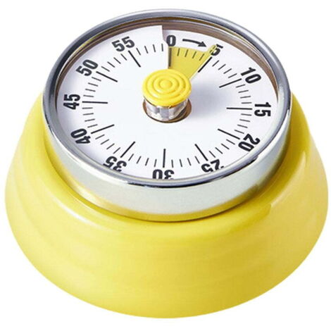 Minuteur mécanique en acier inoxydable, assurant une mesure précise du temps, adapté aux cuisines, aux laboratoires et aux sports (jaune).