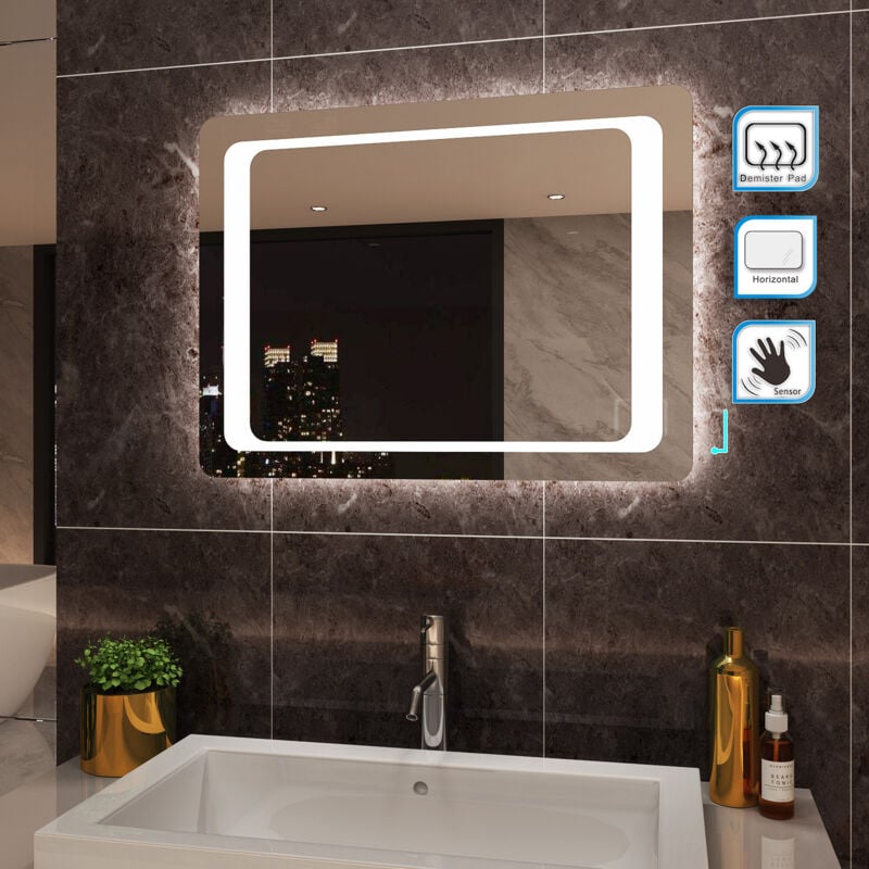 Miroir avec Led Interrupteur Infrarouge Anti-buée Miroir Salle de Bains Mural Lumière Illumination Sirhona 80x60 cm