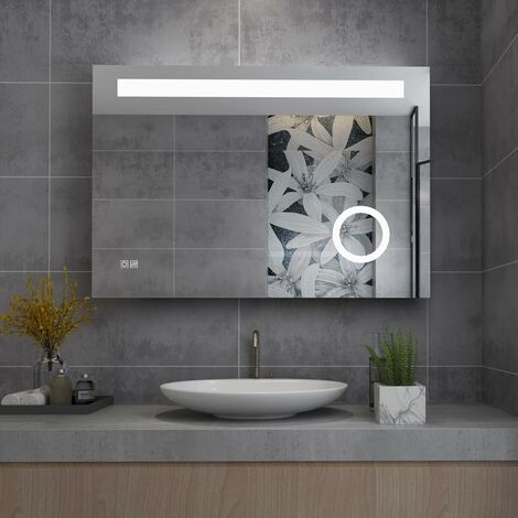 MIQU LED Badspiegel mit Beleuchtung warmweiß / kaltweiß dimmbar Lichtspiegel Wandspiegel mit Touch + beschlagfrei MIH