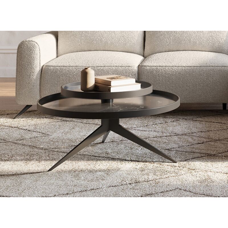 Deco In Paris - Table basse ronde 2 plateaux pivotants en céramique et métal noir