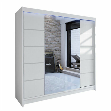 Mirjan24 – Armoire coulissante blanche 215x180x58cm – 2 portes – 5 étagères – Éclairage LED intégré – Stratifié durable