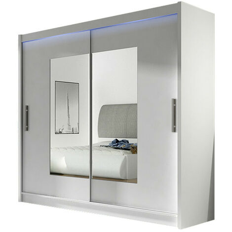 Mirjan24 – Armoire coulissante blanche 215x180x58cm – 5 étagères – Éclairage LED intégré – Miroir – Stratifié durable