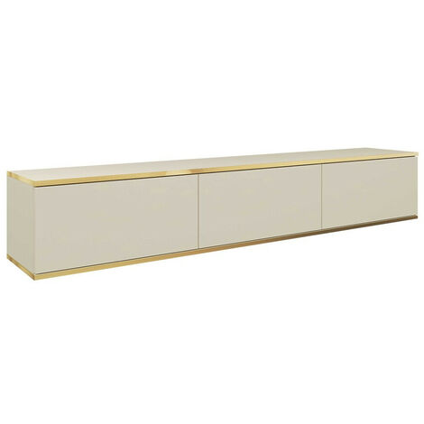 Mirjan24 – Meuble TV crème et doré avec 3 portes – Dimensions 175x30x32cm – Système push to open – Bords protégés ABS