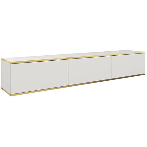 Mirjan24 – Meuble TV Felduno 100 blanc et doré – 3 portes – Dimensions 175x30x32cm – Stratifié – Système 'Push to open'