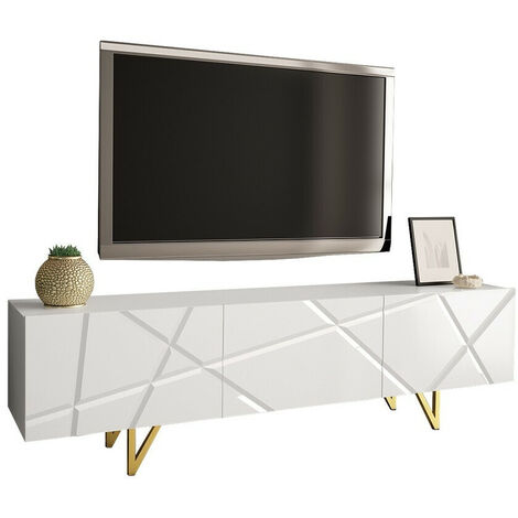 Mirjan24 – Meuble TV sans portes ni tiroirs 180x52x37cm – Finition blanche brillante – Stratifié – Pieds métal 16cm – Compatible robots aspirateurs