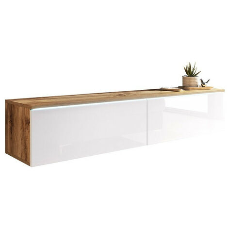 Mirjan24 – Meuble TV Sarasota 120 – Chêne wotan et blanc brillant – 2 portes – Dimensions 140x30x33cm – Surface brillante et bords protégés par ABS
