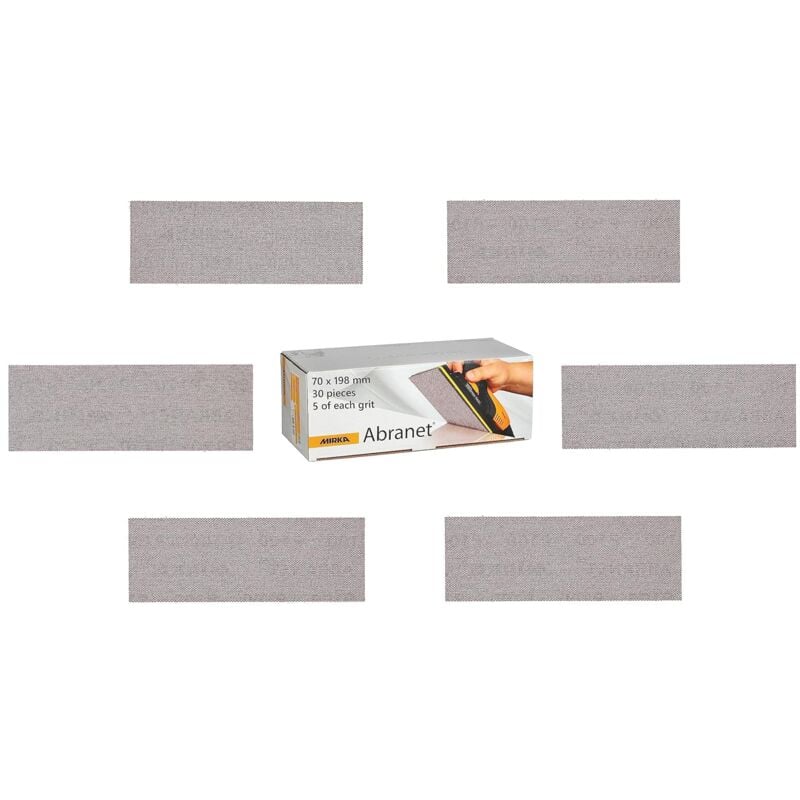 Abranet Bande abrasive en filet 70mm x 198 mm autoagrippant / Mix-Pack 5 de chaque grain 80, 120, 180, 240, 320, 400 / 30 pces / pour poncer le bois,