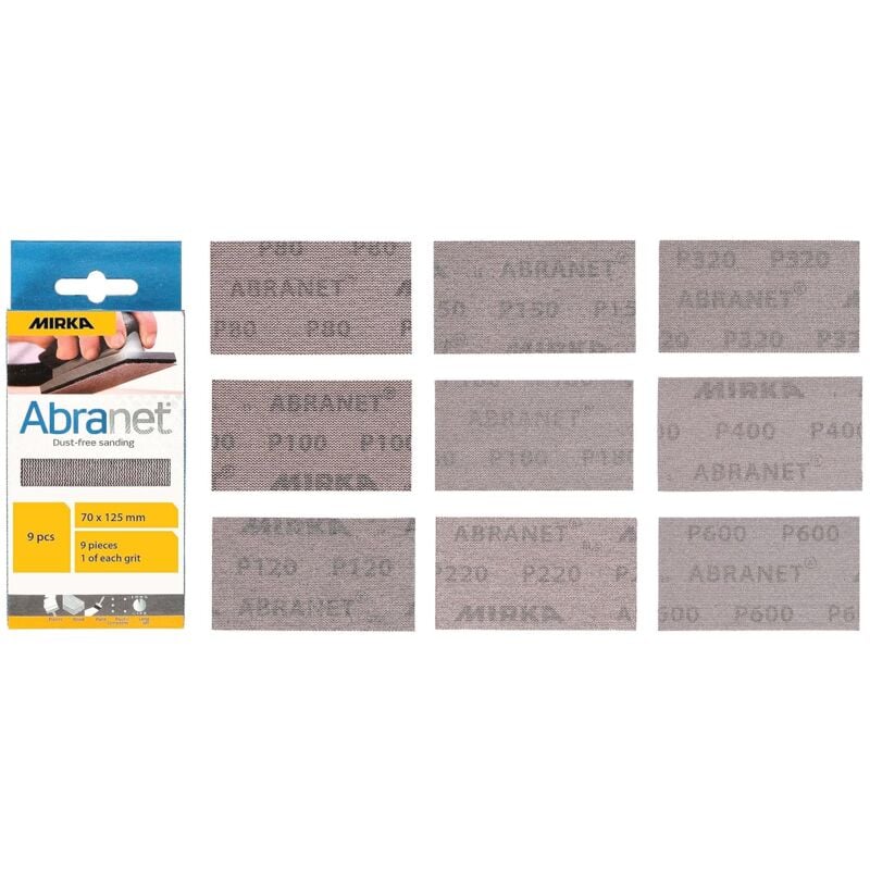 Abranet Bandes abrasives pour maille 70 mm x 125 mm Lot de 1 de chaque grain 80, 100, 120, 150, 180, 220, 320, 400, 600 / 9 pièces pour poncer bois,