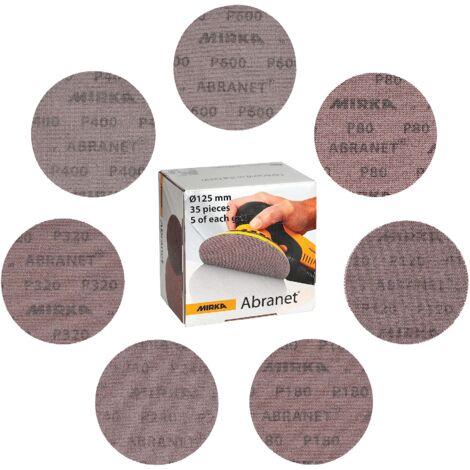 Mirka Abranet - dischi abrasivi a rete, Ø 125 mm, confezione da 5 pezzi di ogni grana 80, 120, 180, 240, 320, 400, 600/35 pezzi/per tutte le levigatrici orbitali e le smerigliatrici da 125 mm