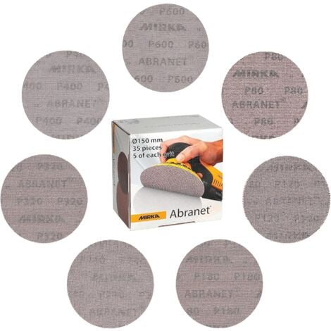 Mirka Abranet Disques abrasifs filet Ø 150mm autoagrippant / Mix-Pack 5 de chaque grain 80, 120, 180, 240, 320, 400, 600 / 35 pcs / Pour toutes les ponceuses excentriques 150mm