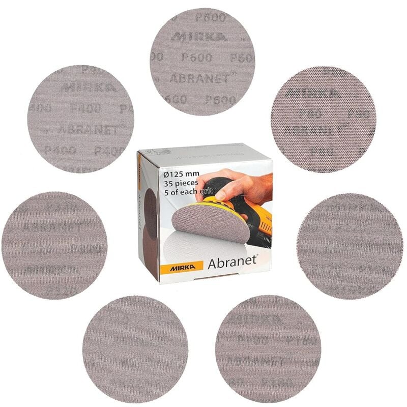 Abranet Lot de 5 disques abrasifs en maille ø 125 mm de chaque grain 80, 120, 180, 240, 320, 400, 600 / 35 pièces, pour toutes les ponceuses