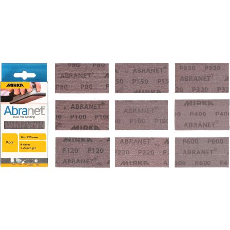 Mirka Abranet - Strisce abrasive a rete, 70 mm x 125 mm, confezione da 1 di ogni grana 80, 100, 120, 150, 180, 220, 320, 400, 600/9 pezzi, per levigare legno, spatola, vernice, plastica