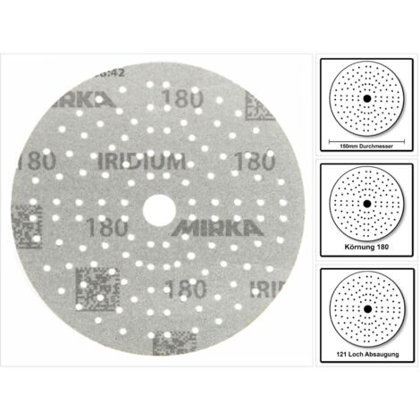 Mirka – Disque abrasif Iridium Ø150 mm grain 180 – Pour ponçage bois dur et métal – Multipérforé pour extraction poussière – 50 disques - 246CH09918