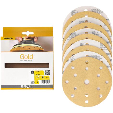 Mirka Gold Carta abrasiva universale Ø 150 mm Dischi abrasivi a strappo a 15 fori, grana P120, 10 pz / Per la levigatura di intonaco, stucco, truciolato, legno, vernice