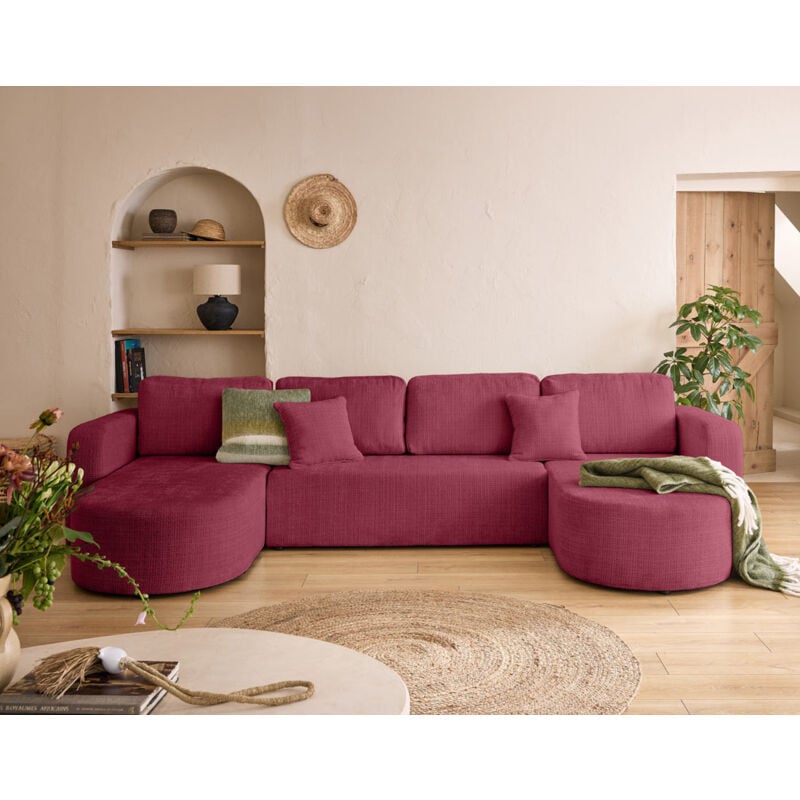 Bestmobilier - Miro - canapé panoramique en u 7 places - convertible avec coffre - en velours texturé - prune