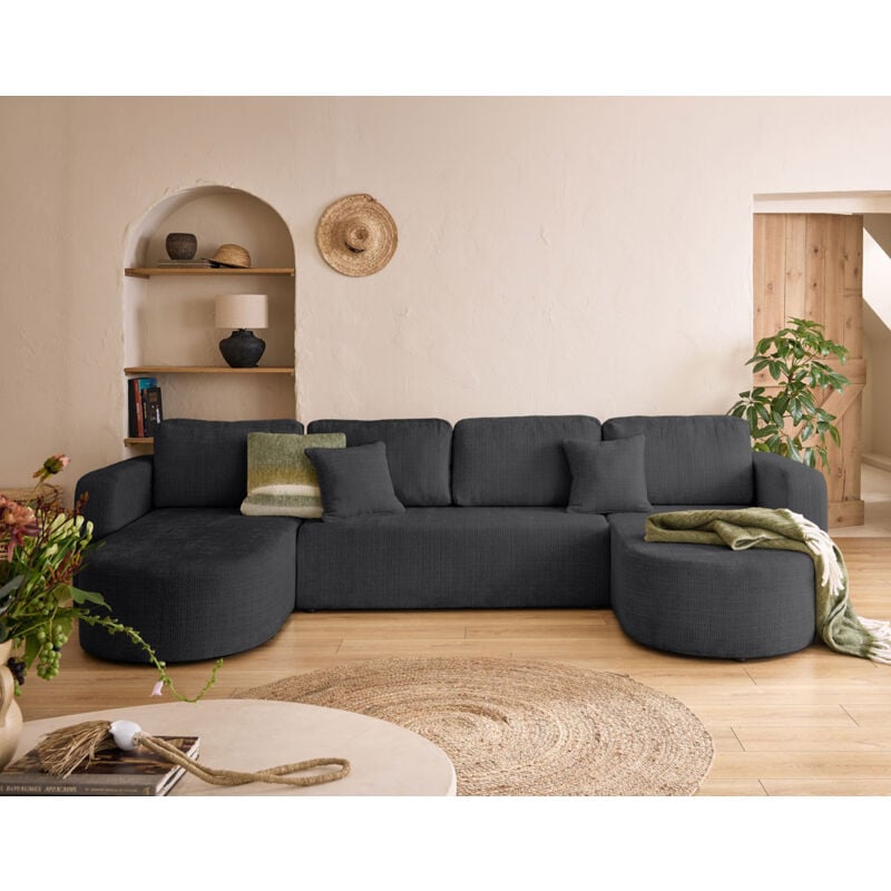 Bestmobilier - Miro - canapé panoramique en u 7 places - convertible avec coffre - en velours texturé - gris anthracite