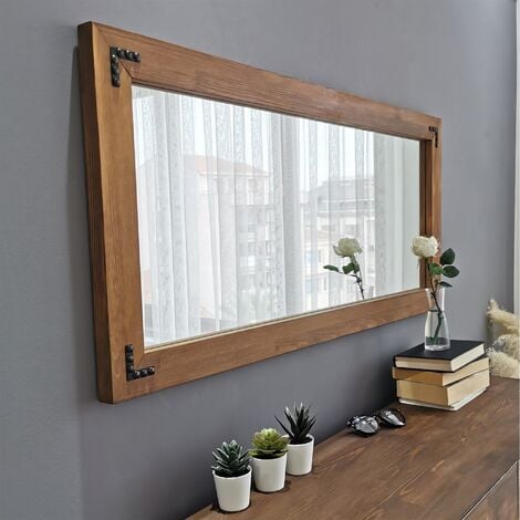 WELLHOME Miroir, 100% pin massif, couleur noyer