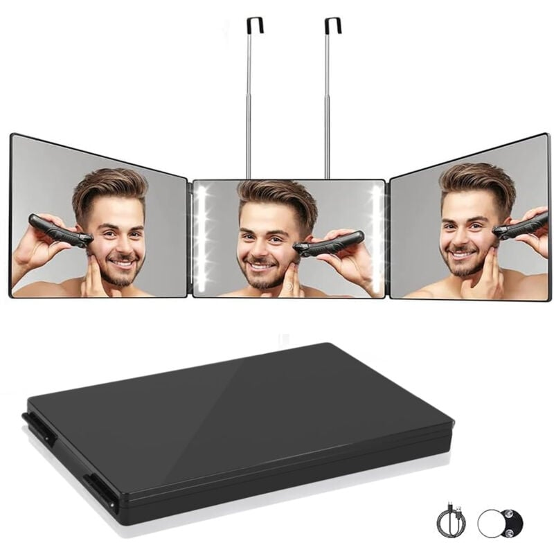 Bleosan - Miroir 360° Coiffure Homme Femme led 3 Faces avec Crochets Portable Pliable Hauteur Réglable pour Coiffure, Rasage, Maquillage