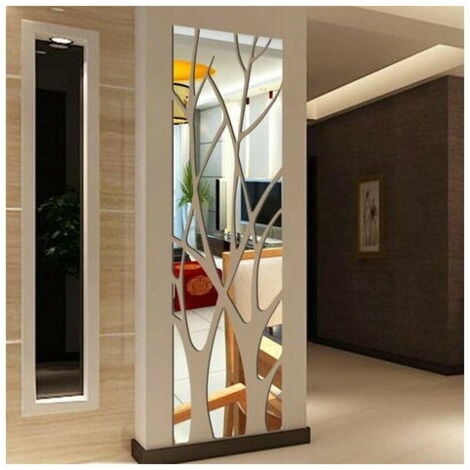 Miroir 3D Sticker Mural Amovible Sticker Mural Art Sticker Mural pour la Maison Salon Chambre Décoration (100x28cm Argent)