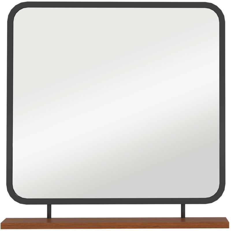 Miroir 80x60 cm, miroir rectangulaire de salle de bain, miroir mural, miroir de couloir avec étagère en bois massif, bordure noire, miroir décoratif