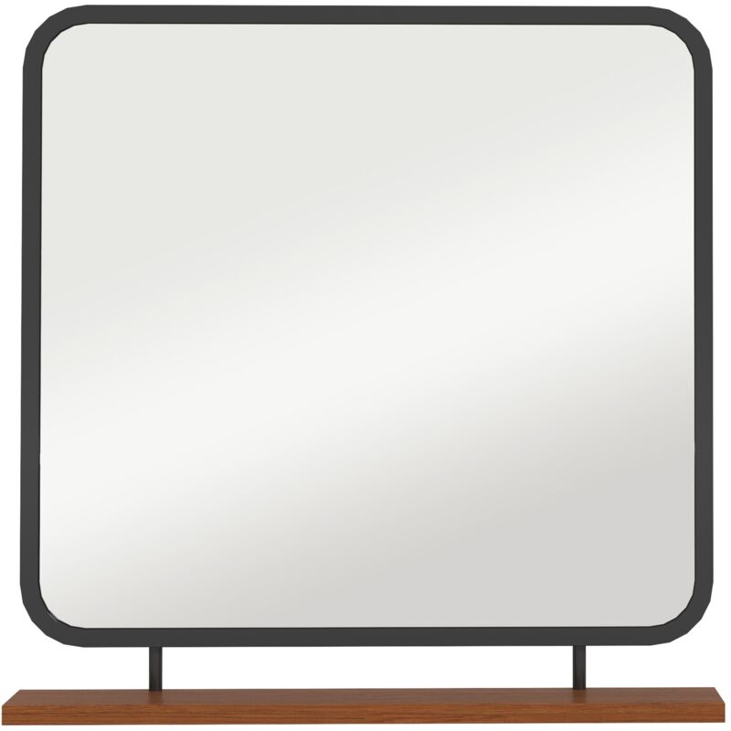 Miroir 80x60 cm, miroir rectangulaire de salle de bain, miroir mural, miroir de couloir avec étagère en bois massif, bordure noire, miroir décoratif