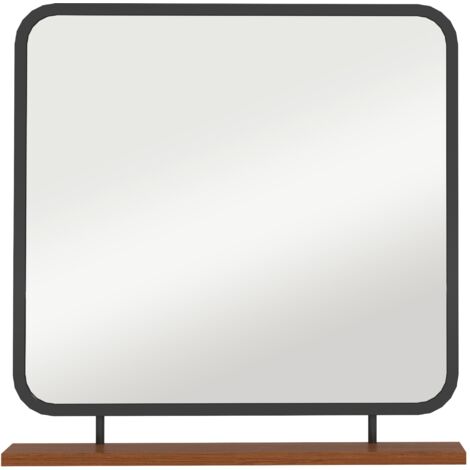 Miroir 80x60 cm, miroir rectangulaire de salle de bain, miroir mural, miroir de couloir avec étagère en bois massif, bordure noire, miroir décoratif pour salle de bain