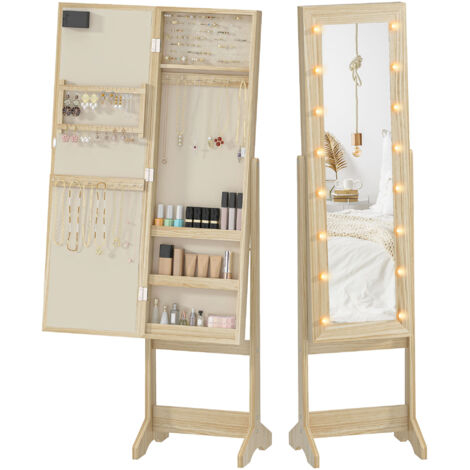 Miroir à bijoux avec éclairage LED, armoire à bijoux autoportante avec miroir pleine longueur, angle réglable, bois naturel