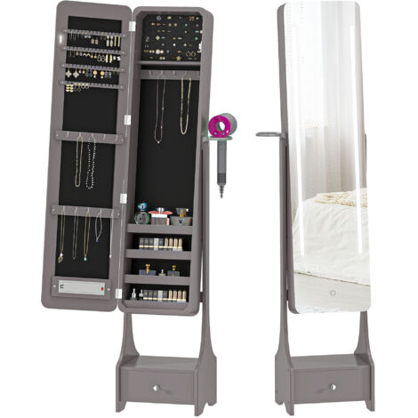 Miroir à bijoux avec éclairage LED, armoire à bijoux avec miroir orientable à 360°, tiroir, éclairage à arrêt automatique, gris