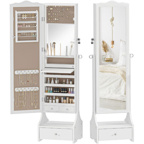Miroir à bijoux avec éclairage LED, armoire à bijoux avec miroir orientable à 360°, tiroirs, table d'intérieur pliante, blanc
