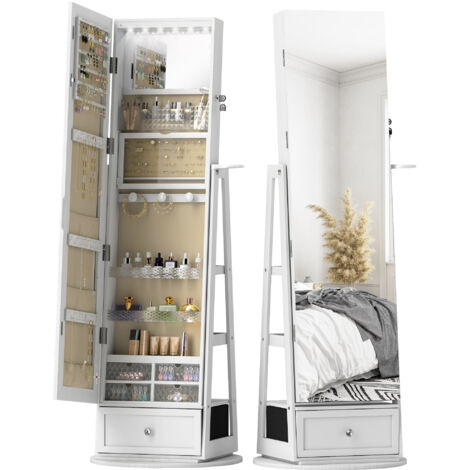 Miroir à bijoux avec éclairage LED, armoire à bijoux avec miroir pivotant à 360°, tiroir, serrure, blanc