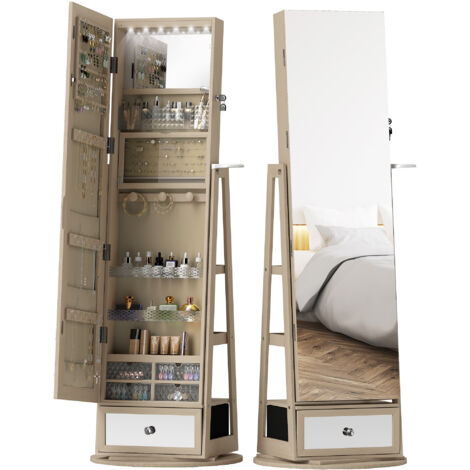 Miroir à bijoux avec éclairage LED, armoire à bijoux avec miroir pivotant à 360°, tiroir, serrure, couleur naturelle