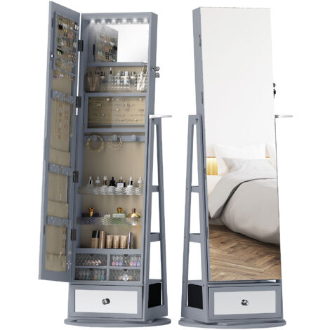 Miroir à bijoux avec éclairage LED, armoire à bijoux avec miroir pivotant à 360°, tiroir, serrure, gris clair