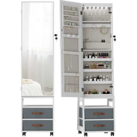 Miroir à bijoux avec éclairage LED, intérieur, roulettes pivotantes à 360°, étagères ouvertes, tiroirs en tissu, blanc