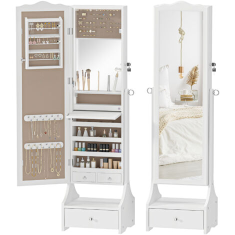 Miroir à bijoux avec lumières LED Armoire à bijoux avec miroir à angle réglable Tiroirs Table intérieure pliante Blanche