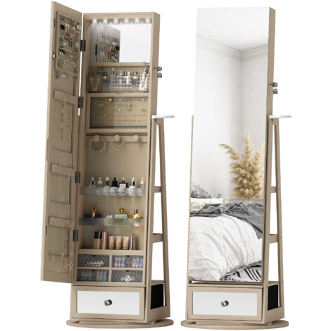 Miroir à bijoux avec lumières LED Armoire à bijoux avec miroir complet Tiroir rotatif à 360° Serrure naturelle