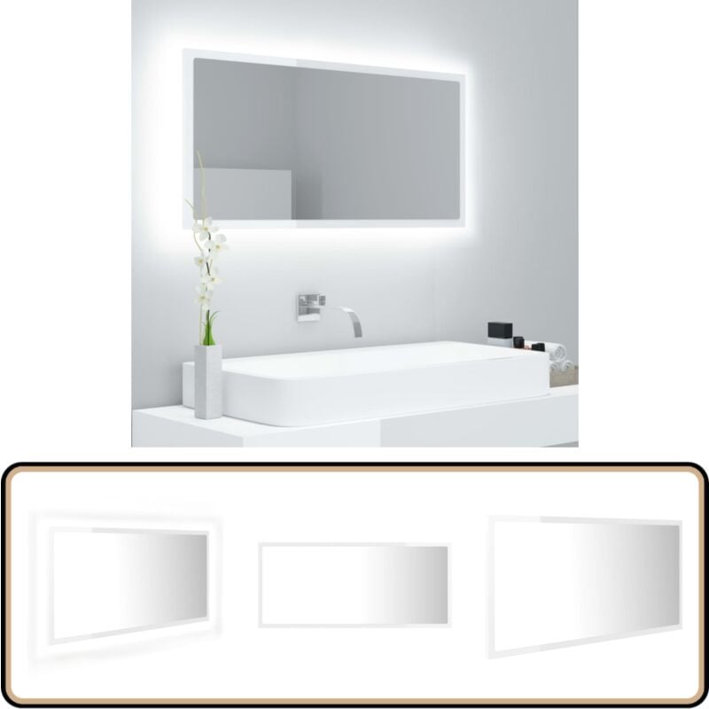 Miroir à led de bain Blanc brillant 90x8,5x37 cm Acrylique - Miroir Led - Miroir Salle De Bain - Miroir Moderne - Miroir Blanc - Éclairage Led