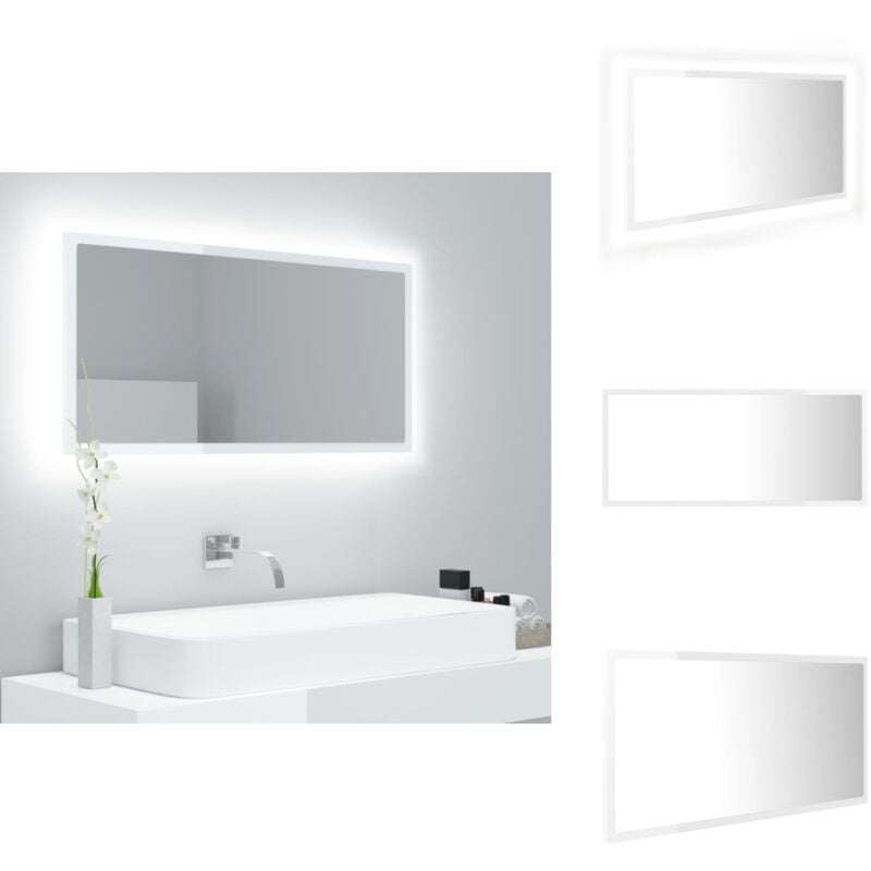 Miroir à led de bain Blanc brillant 90x8,5x37 cm Acrylique - Miroir Led - Miroir Salle De Bain - Miroir Moderne - Miroir Blanc - Éclairage Led