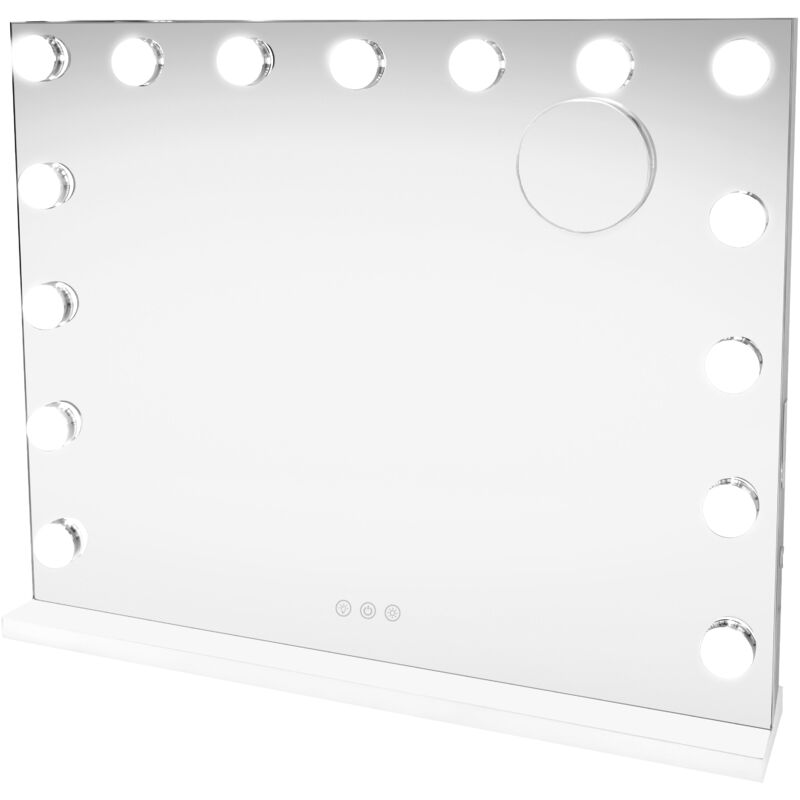 Monster Shop - Miroir à led 58 x 46 cm Hollywood Bluetooth, Pied/Mural, Luminosité Ajustable 3 Couleurs, Enceintes Bluetooth Intégrés, 2 ports de