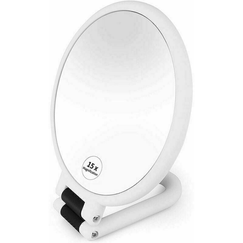 Miroir à main Miroir de maquillage double face avec grossissement de 1 x 15, Miroir de voyage professionnel avec poignée rabattable réglable-blanc