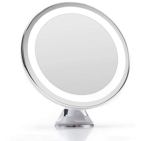 Miroir à ventouse UNIQ avec lumière LED et grossissement x10 – Miroir de maquillage blanc pour salle de bain ou voyage [BR]