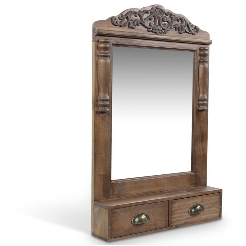 Miroir ancien rectangulaire vertical 2 tiroirs - Bois - Marron - Décoration d'Autrefois