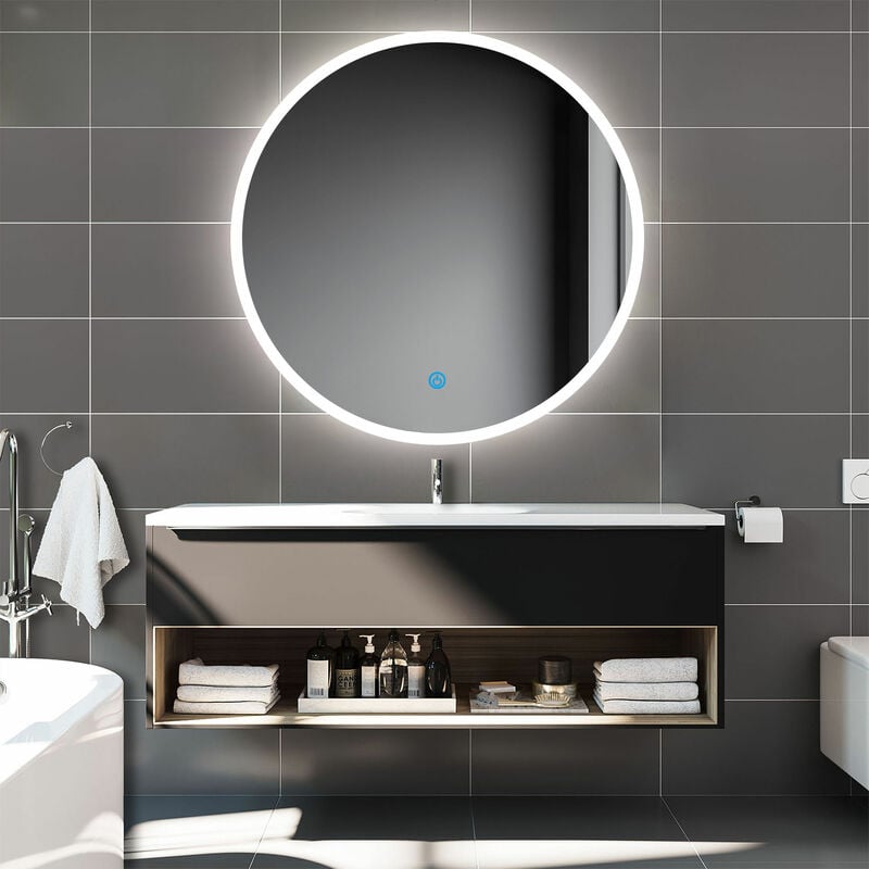 Biubiubath - 90x90cm led Rond Miroir anti-buée et tactile de Salle de Bain monochrome