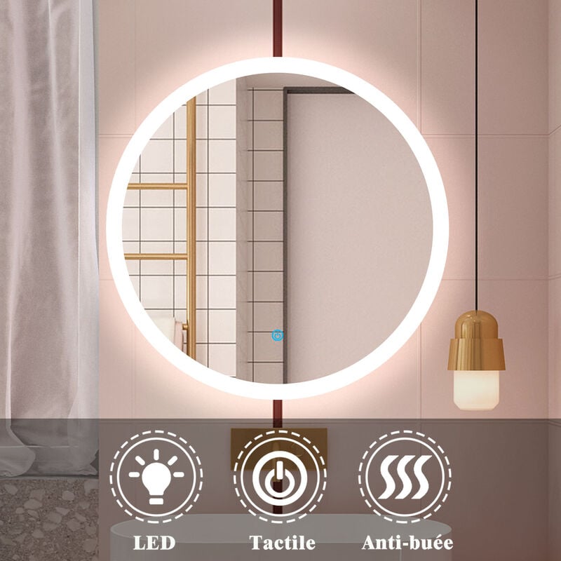 Biubiubath - Miroir rond led 60 cm, anti buée Lumière blanche froid 6000K tactile mural, miroir de salle de bain 1