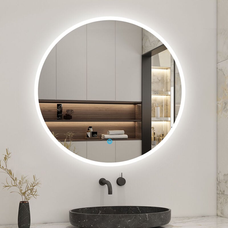 Biubiubath - 80cm miroir avec anti-buée +1 couleur led + luminosité réglables rond + interrupteur tactile, miroir de salle de bain 1