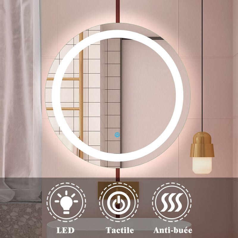 Miroir rond led 60 cm, miroir de salle de bain, anti buée Lumière blanche froid 6000K tactile mural 1